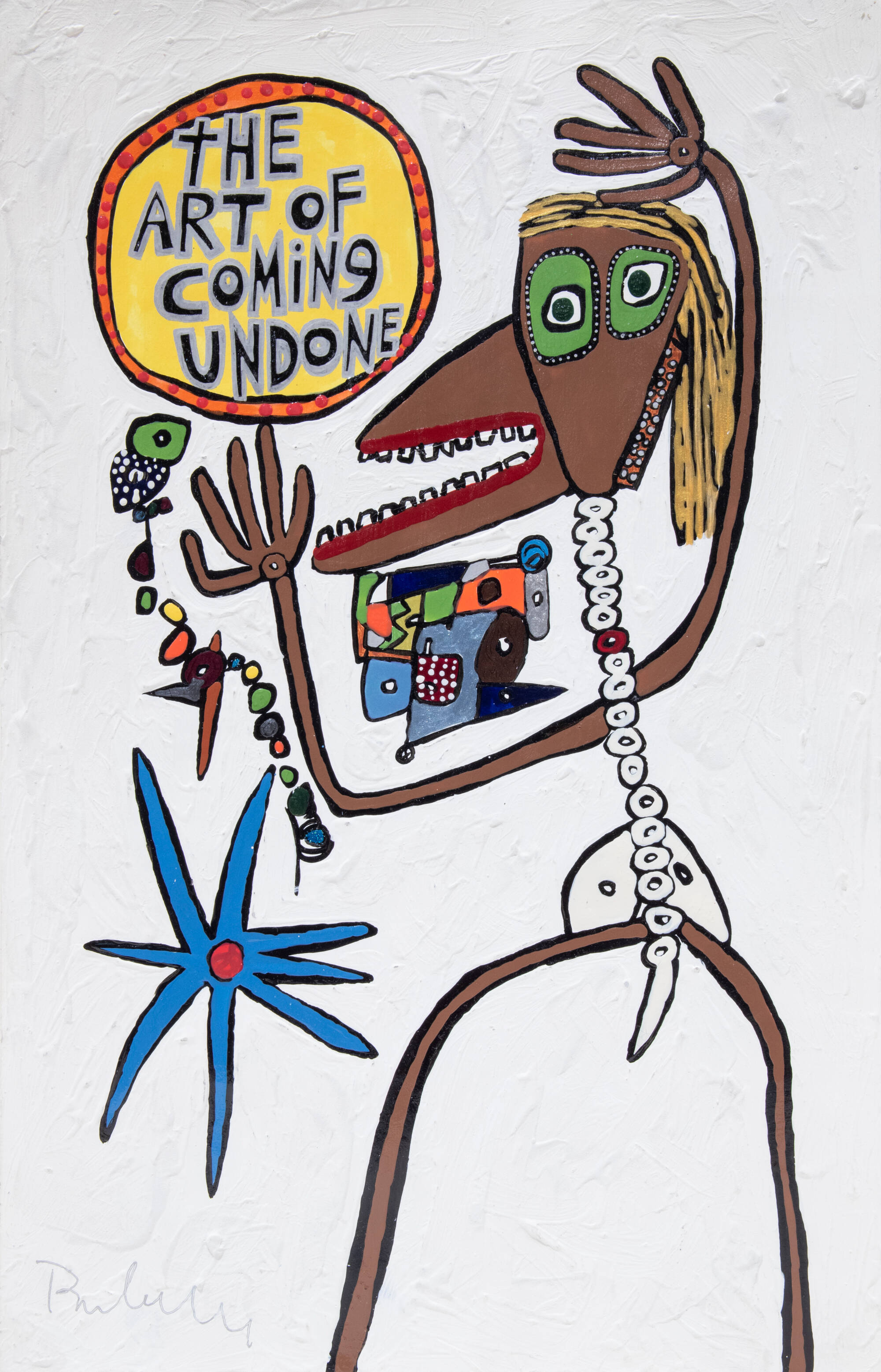 Image is of a figure on the right with various shapes, including a blue flower. Top right corner has a yellow circle with "The Art of Coming Undone"
